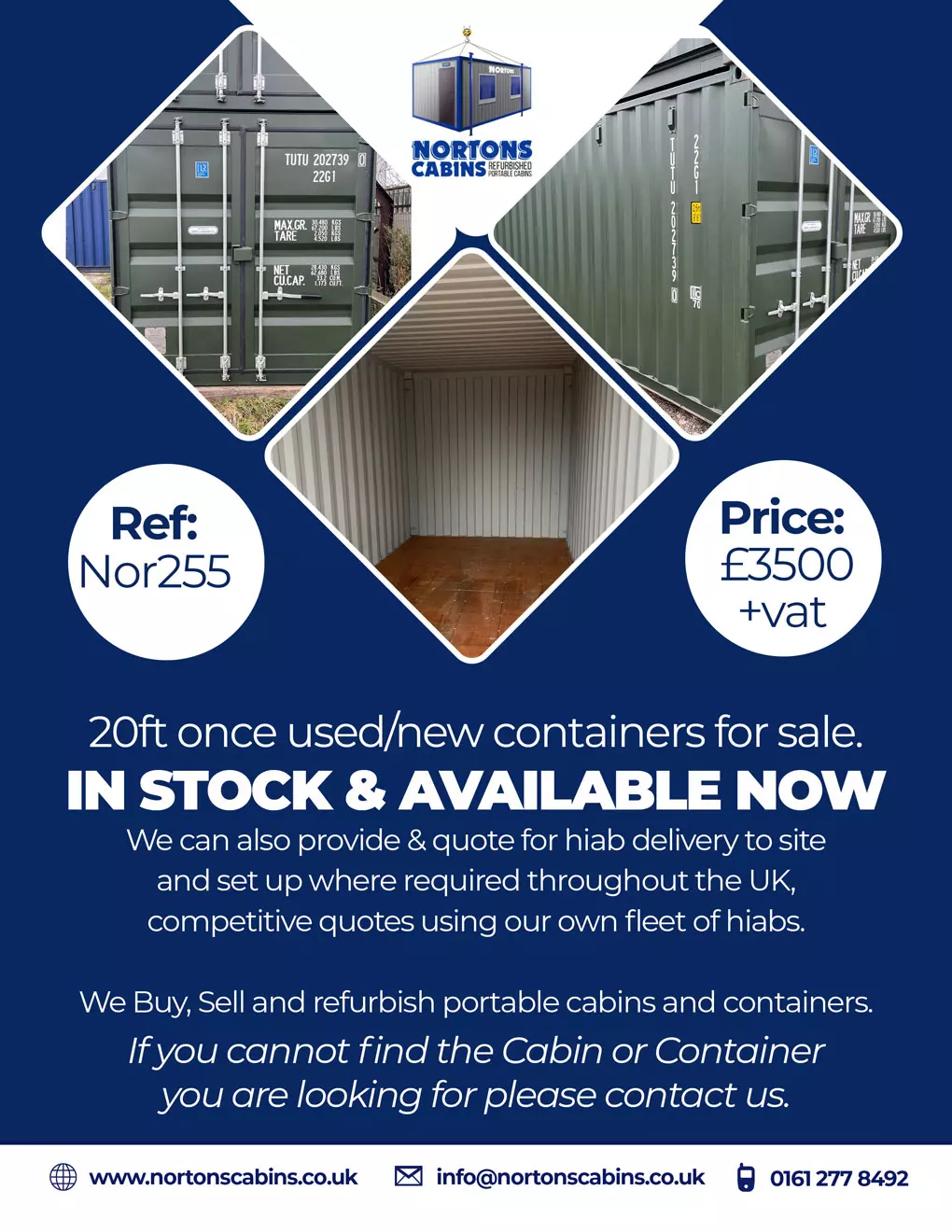 Ref: Nor255 20ft once used/new containers £3,500 +VAT