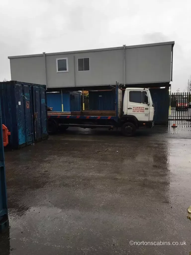Split office cabin on site — delivered to Warrington