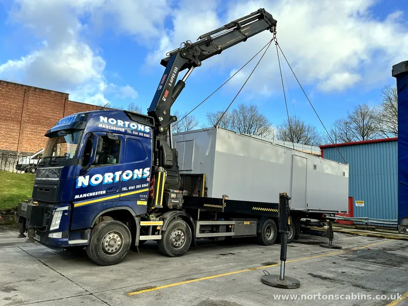 Refurbished cabin set up on site — delivered to Liverpool