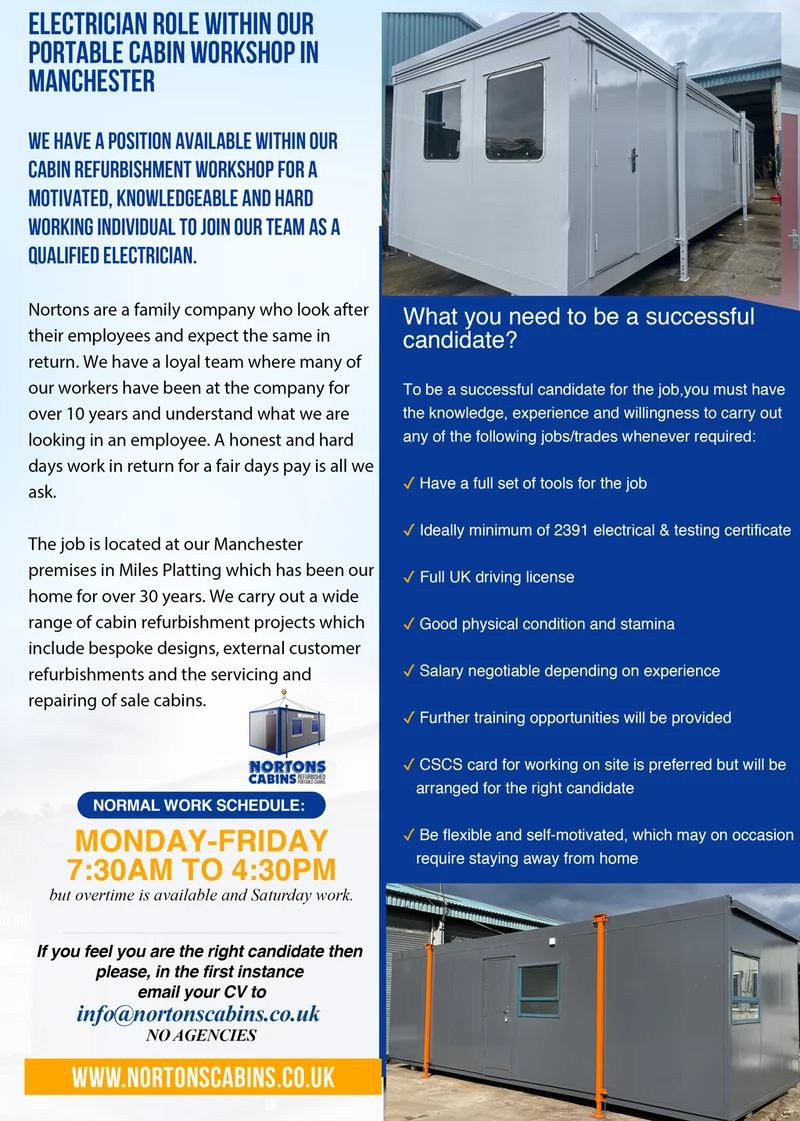 Qualified Electrician vacancy at Nortons Cabins, Manchester