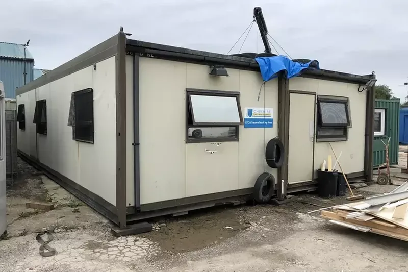 A tired portable cabin as it arrives with us, before refurbishment begins A tired portable cabin as it arrives with us, before refurbishment begins