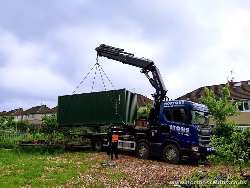 Nortons HIAB lorry delivering a refurbished cabin nationwide