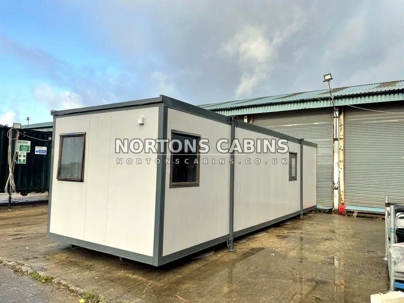 Steel container office exterior with personnel door