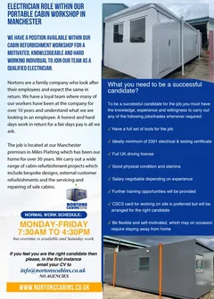 Qualified Electrician vacancy flyer, Nortons Cabins Manchester