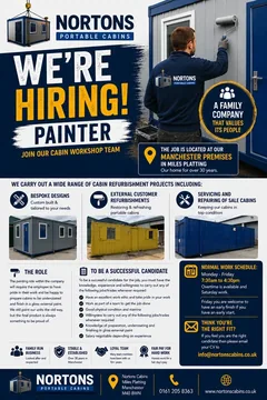 Cabin Painter vacancy flyer, Nortons Cabins Manchester