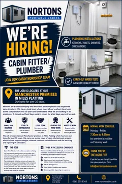 Portable Cabin Fitter / Plumber vacancy flyer, Nortons Cabins Manchester