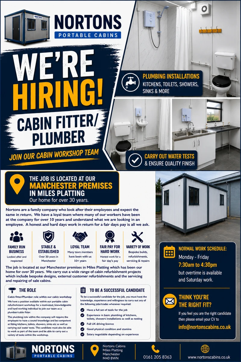 Portable Cabin Fitter / Plumber vacancy at Nortons Cabins, Manchester